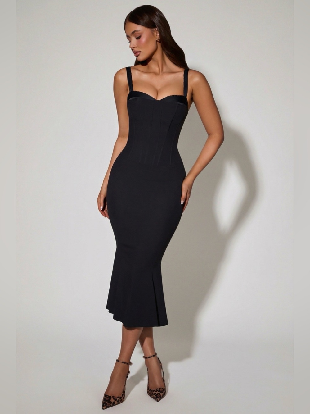 Oh Polly Black Corset-Style Midi Dress